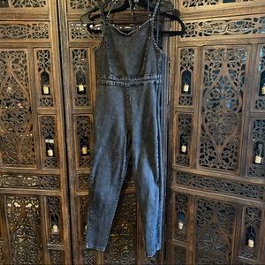 Acid wash low back denim jumpsuit